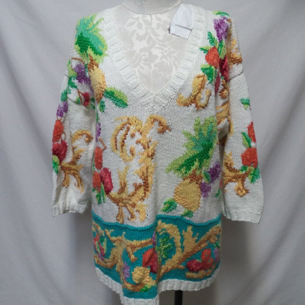 Jennifer Reed Too Hand Knit Vintage Sweater Top 1980's V Neck white Size Sz 1X